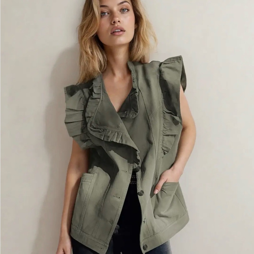 Olive Ruffle Sleeve Women's Jacket